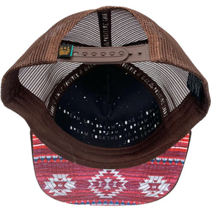Five-panel low-profile Southwestern Trucker Hat. Adjustable snap mesh back. Inspirational quote inside. One size fits most.