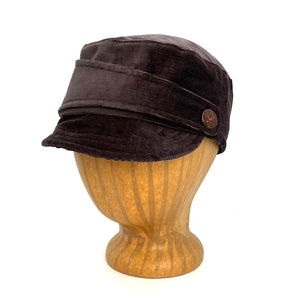 brown corduroy hat with band accross the front and coconut button *mallow corduroy
