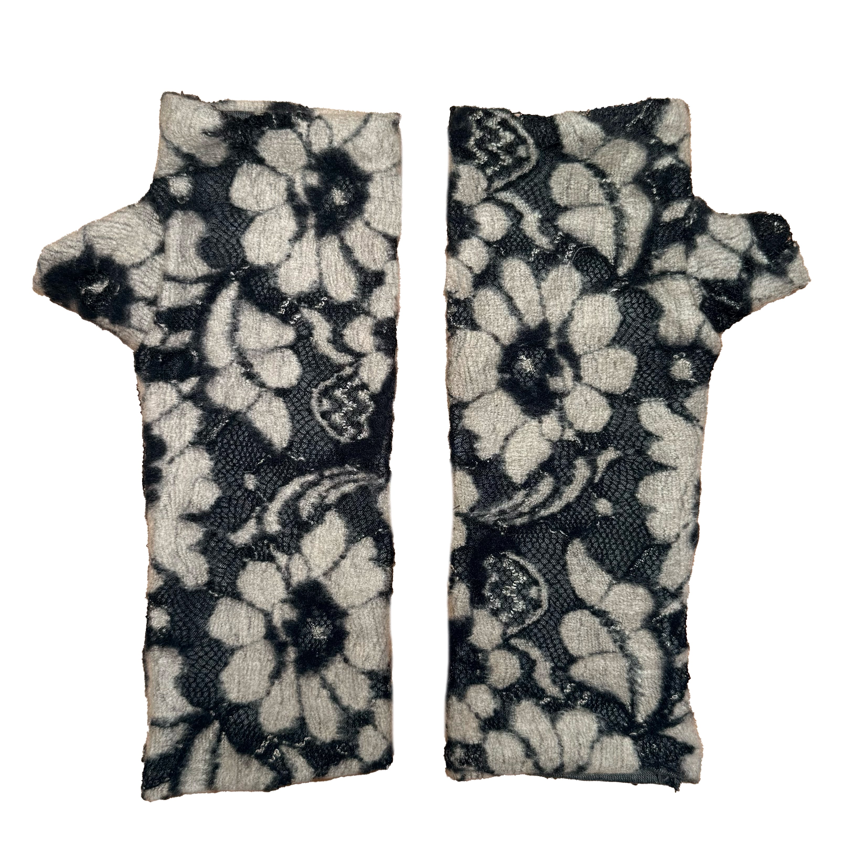 Aspen Wrist Warmers front view – upcycled knit wrist warmers- floral lace pattern