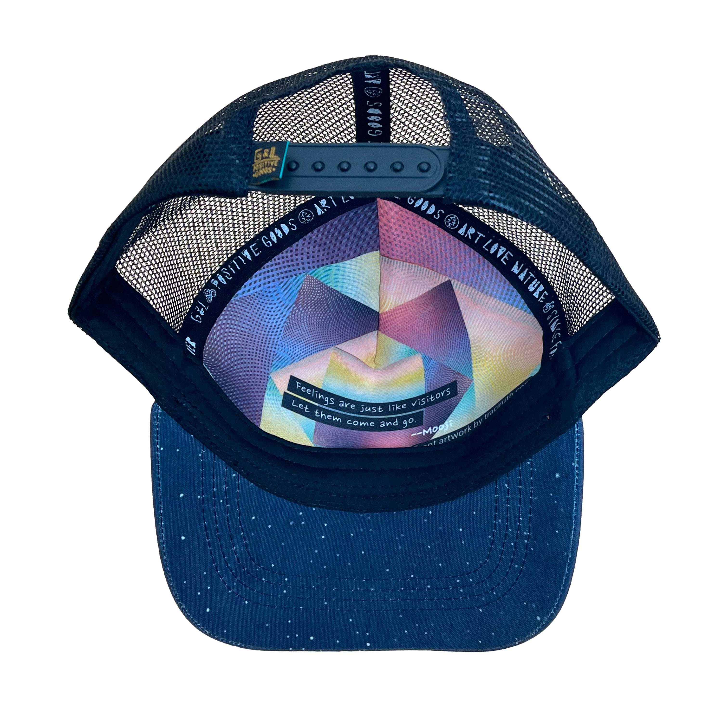Under brim view of Horizon Trucker Hat – landscape print hat with moisture-wicking sweatband