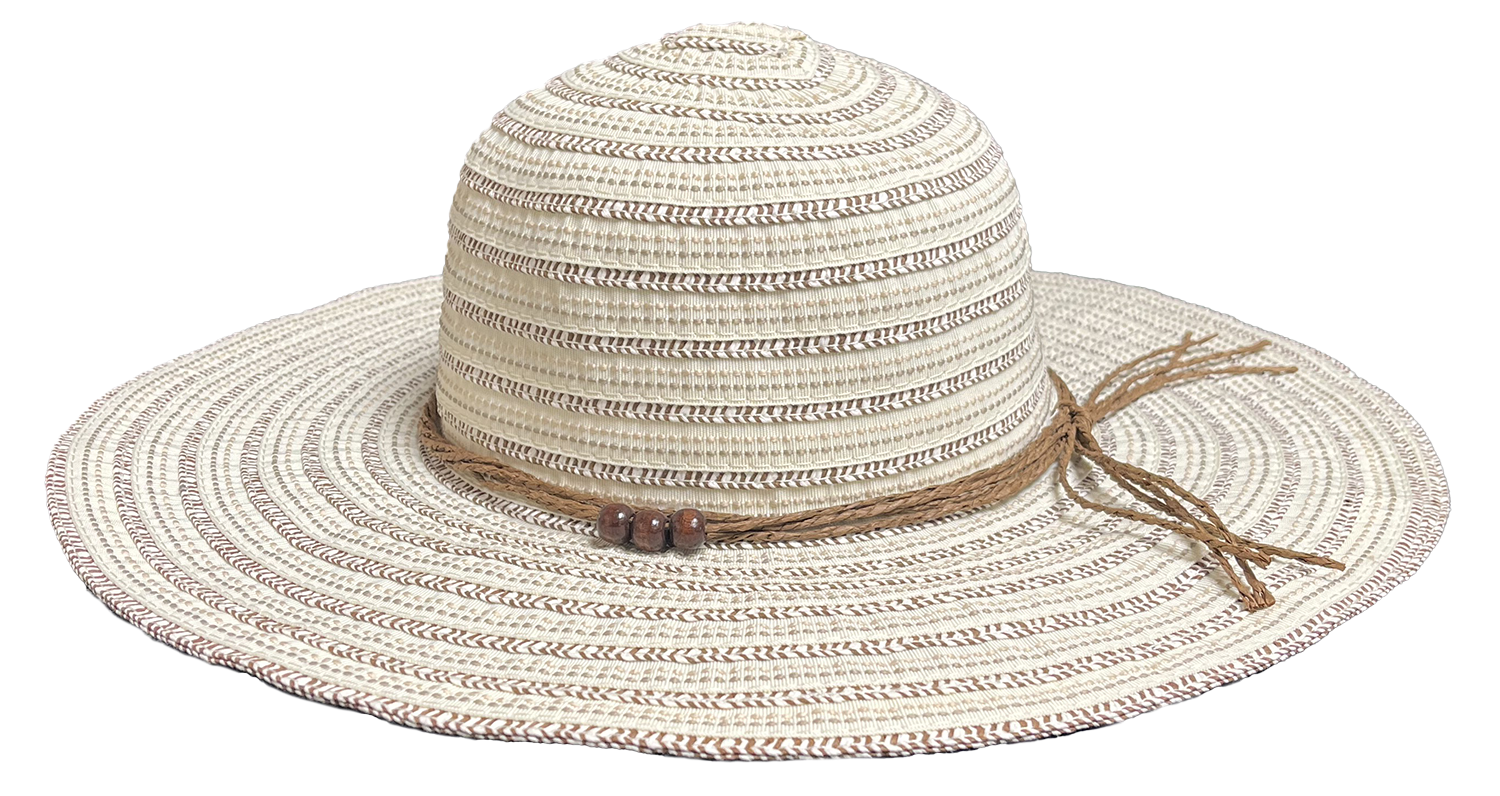 Side front view of the Katya Sun Hat showing wide brim and wooden bead details.