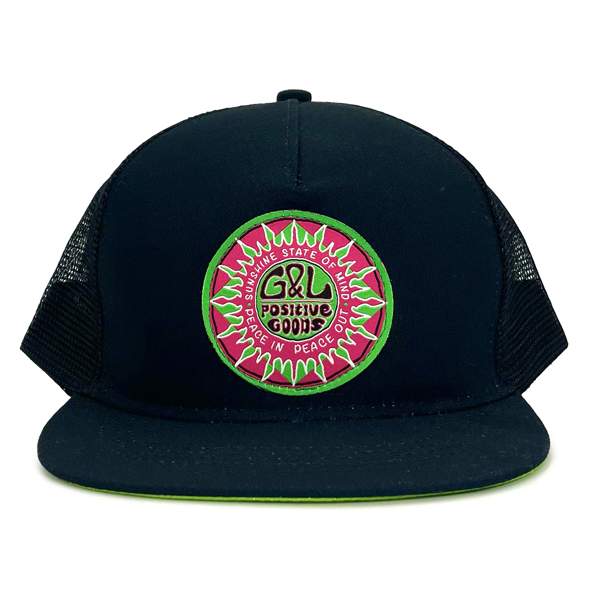 La Playa Green Flash Trucker Hat – front view, recycled mesh trucker hat with vintage patch and UPF protection