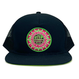 La Playa Green Flash Trucker Hat – front view, recycled mesh trucker hat with vintage patch and UPF protection