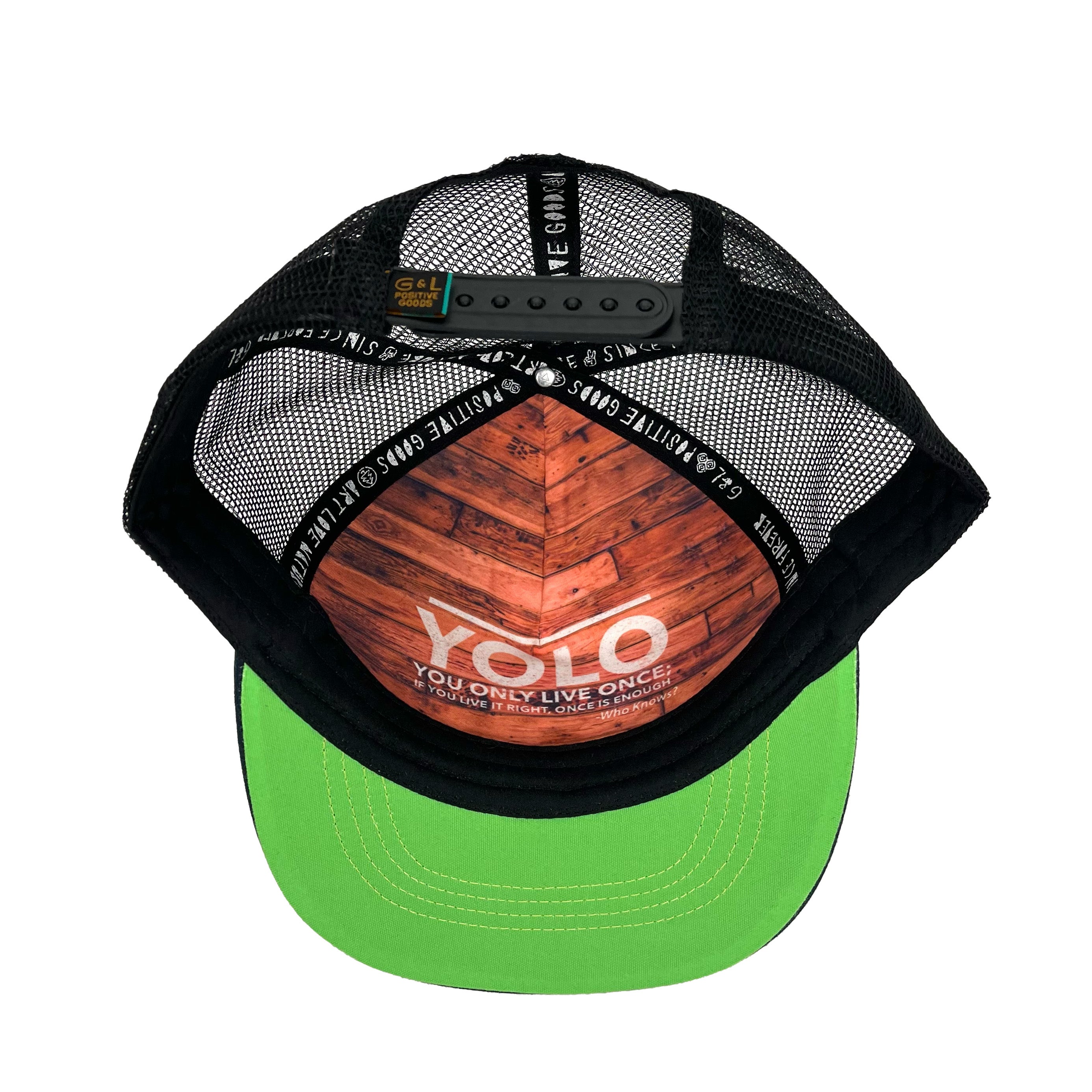 Underside of La Playa Green Flash Trucker Hat – structured interior and inspirational lining