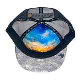 Underside view of Mariposa Trucker Hat – mesh snapback cap with recycled fabric and butterfly theme