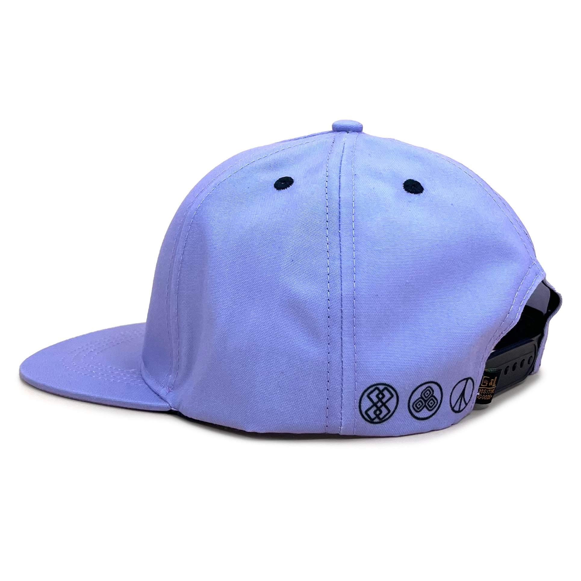 Side view of Neeko Lavender 5 Panel Cap – breathable UPF summer cap with logo patch