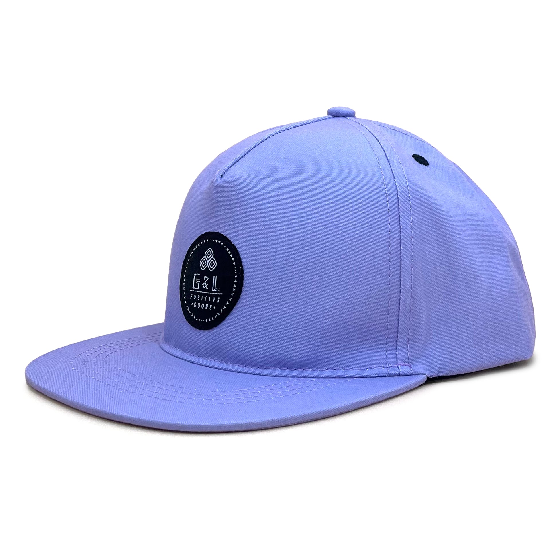 Three quarter view of Neeko Lavender 5 Panel Cap – breathable UPF summer cap with logo patch