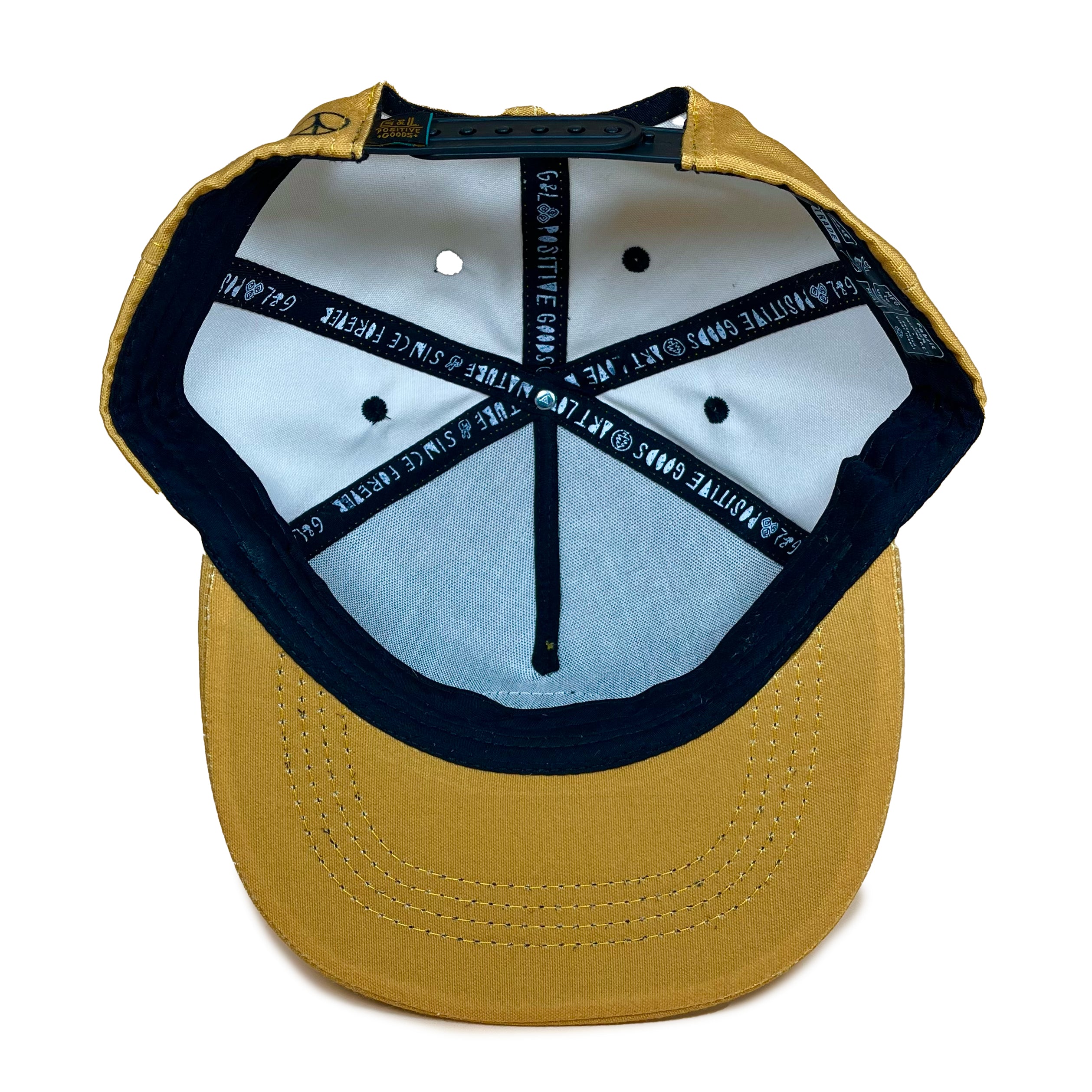 Underside view of Neeko Old Gold 5 Panel Cap – lightweight recycled 5 panel hat in golden tone