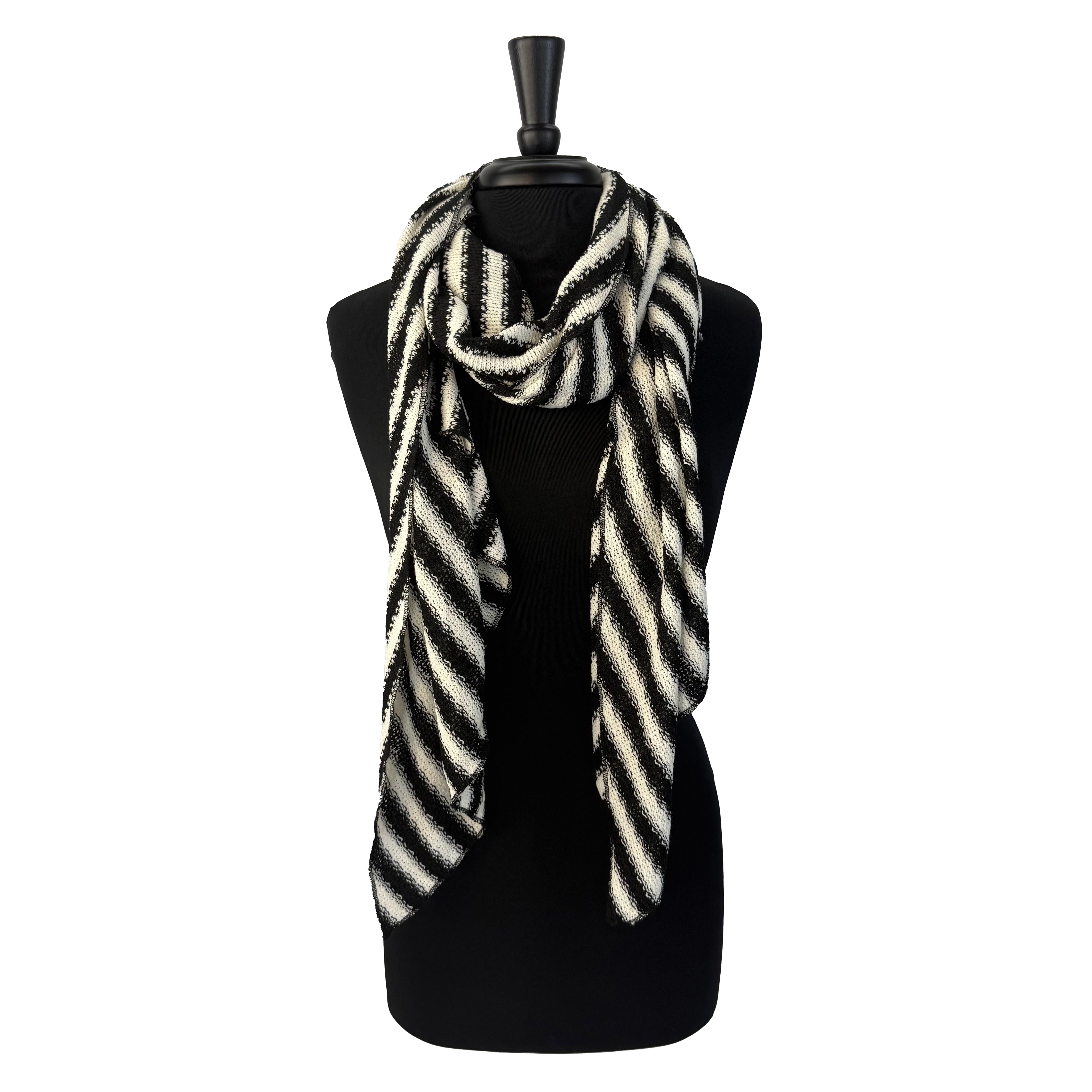 Seanna Scarf in Black and White color scheme, front view – upcycled sweater knit winter scarf