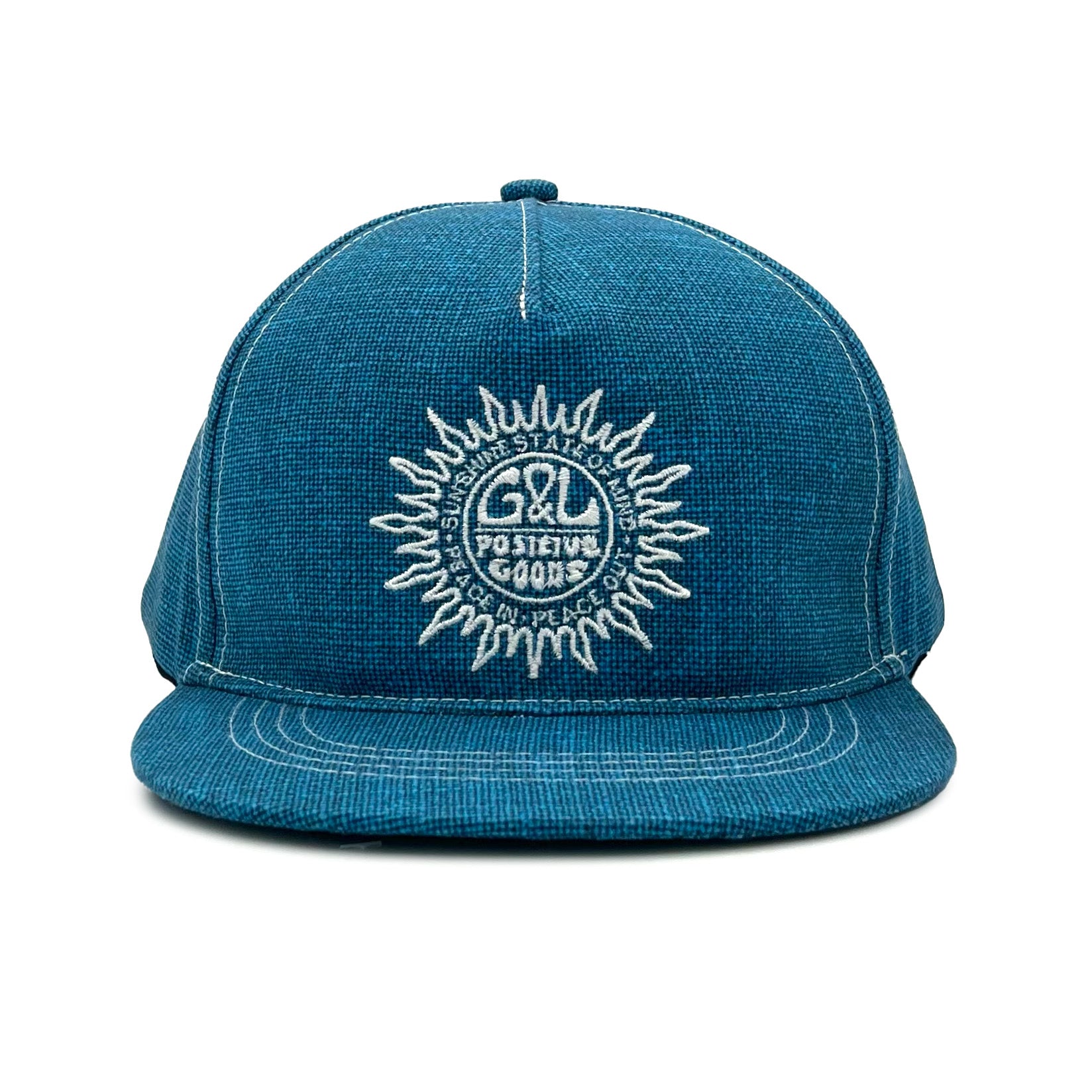 Sunshine State 5 Panel Cap front view – recycled retro summer hat with sun embroidery and UPF protection