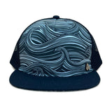 Front view of the Waves Silver Trucker Hat with ocean wave print, breathable mesh back, and adjustable snap closure.
