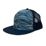 Side profile of the Waves Silver Trucker Hat featuring eco-friendly materials, mesh back, and flat brim.