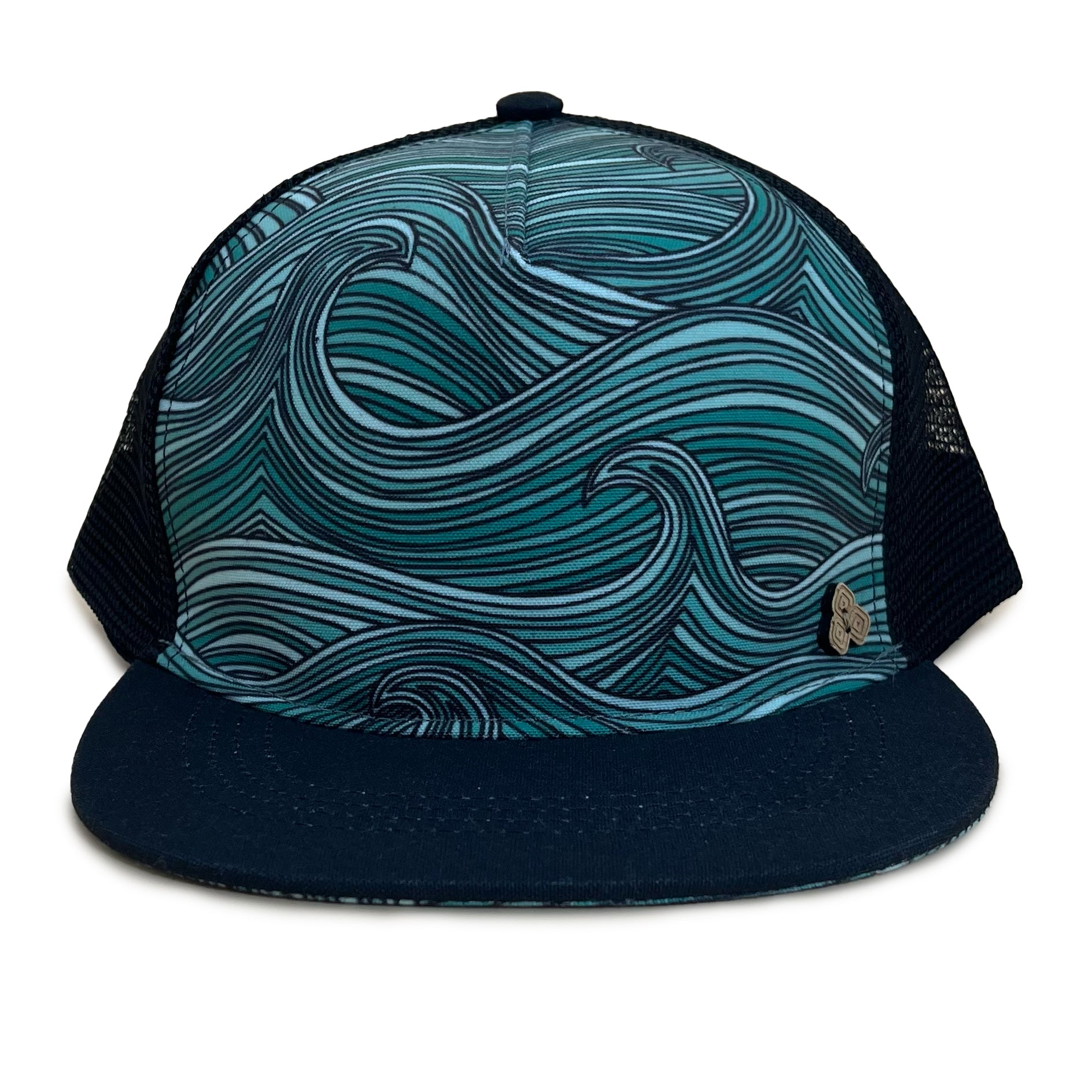 Front view of the Waves Trucker Hat with ocean wave print, breathable mesh back, and adjustable snap closure.