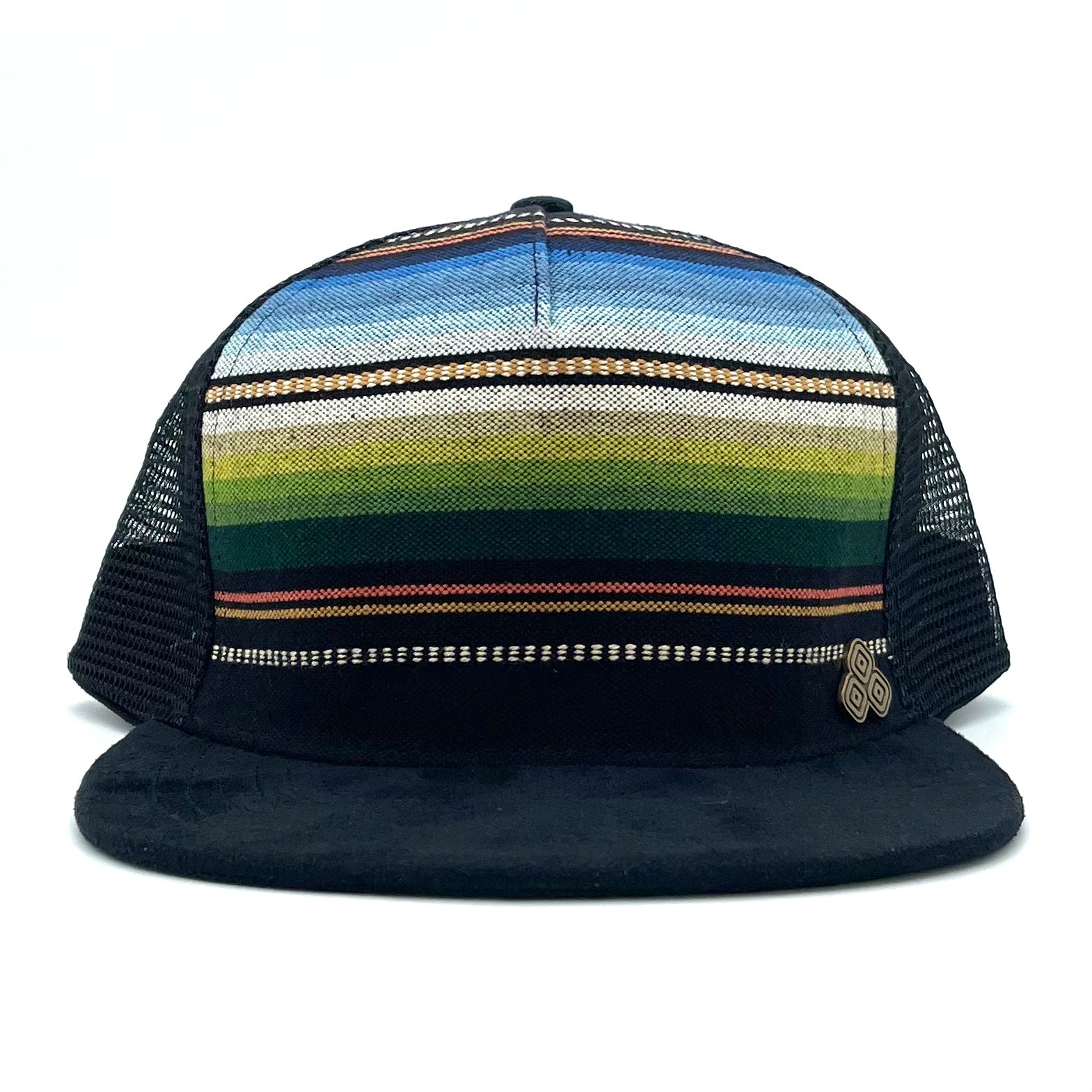 Front view of the Zuma Azure Trucker Hat with hand-loomed cotton, faux suede visor, and adjustable mesh snapback.