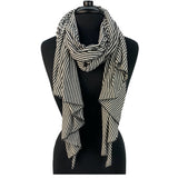 Amber Scarf in day-and-night color way, black and white, front view on mannequin – upcycled cotton blend winter scarf
