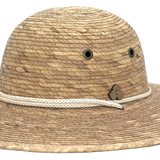 Front view of Anya Palm Straw Sun Hat with wide brim and adjustable chin strap, handmade from sustainable palm straw.