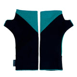 Black fingerless gloves with teal cuffs on a white background