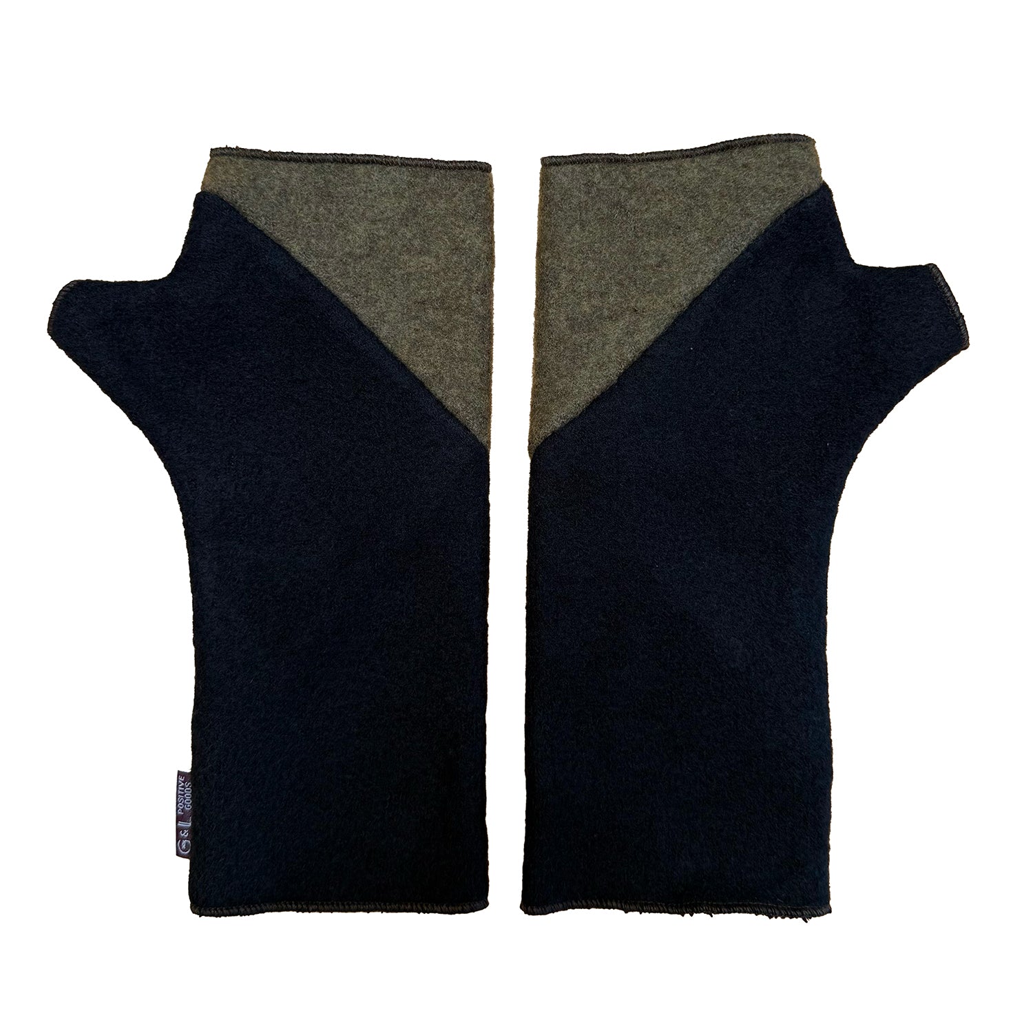 Black fingerless gloves with green trim on a white background
