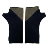 Black fingerless gloves with green trim on a white background