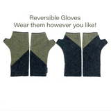 Art Deco reversible Wrist Warmers front view in sage green color – recycled wrist warmers