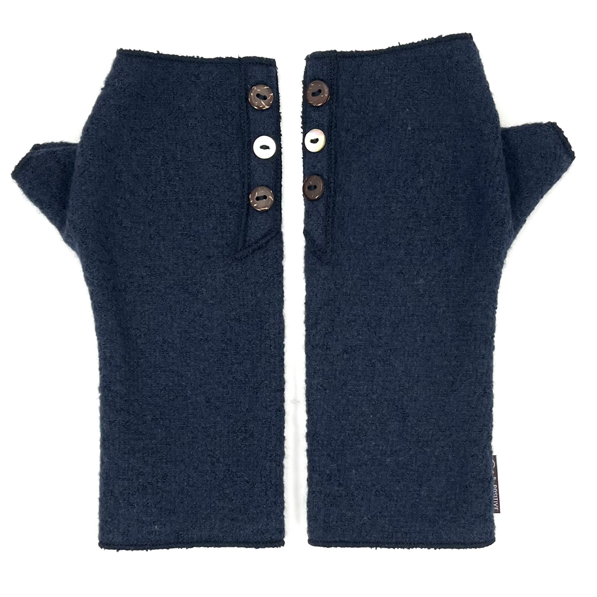 Coco Wrist Warmers in dark navy blue dijon front view – recycled fabric eco-friendly gloves