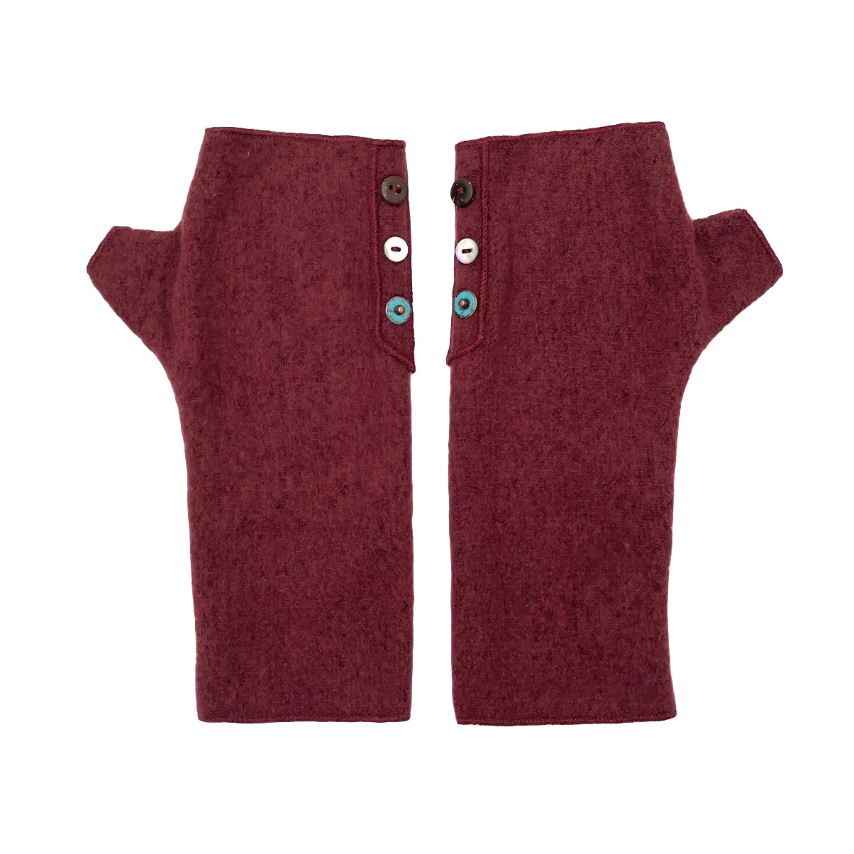 Coco Wrist Warmers in red marsala color front view – recycled fabric eco-friendly gloves