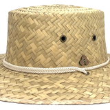 Side Front view of Cordoba Palm Straw Sun Hat with wide brim and adjustable chin strap, handmade from sustainable straw.