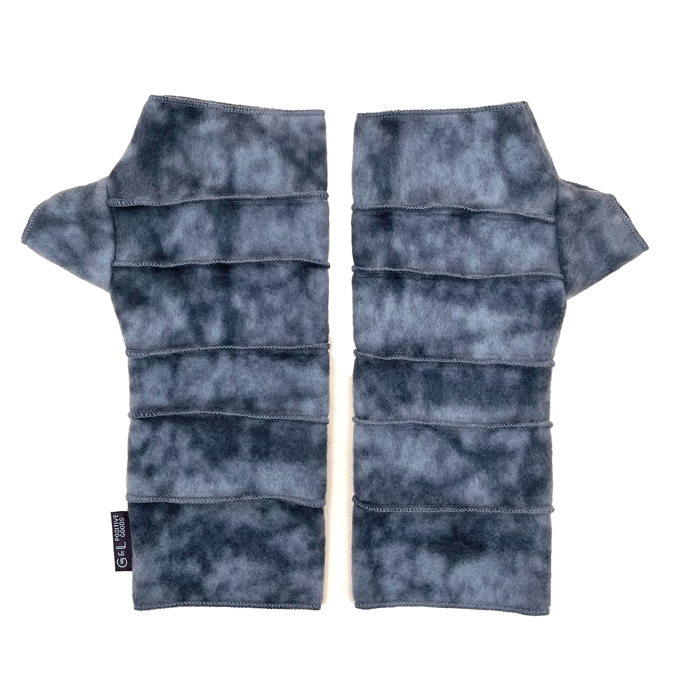 Crossroads Polar Fleece Wrist Warmers – Front View – Upcycled & Sustainable. Pair of gray tie-dye wrist warmers on a white background