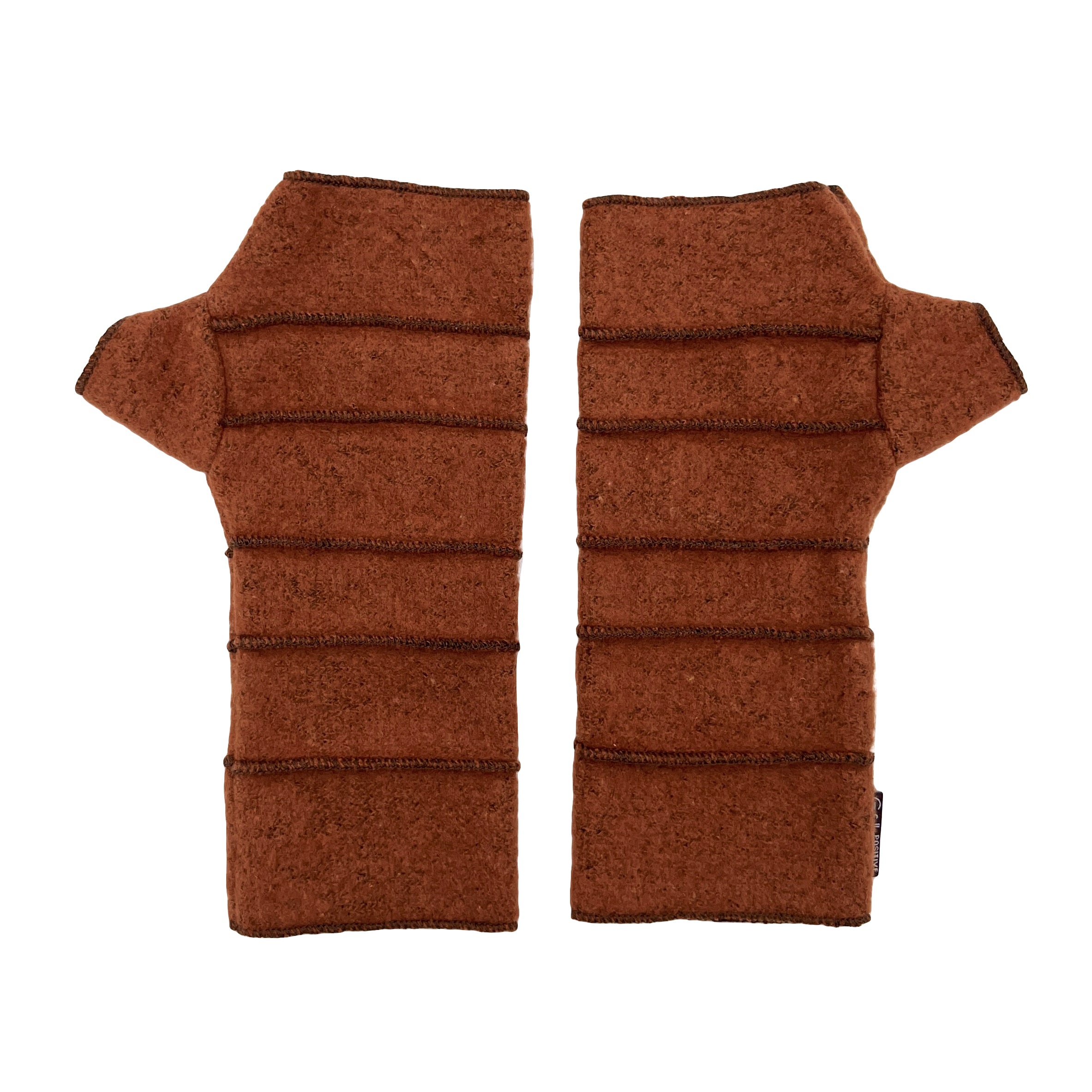 Crossroads Wrist Warmers in nutmeg color way – front view of eco-friendly recycled gloves