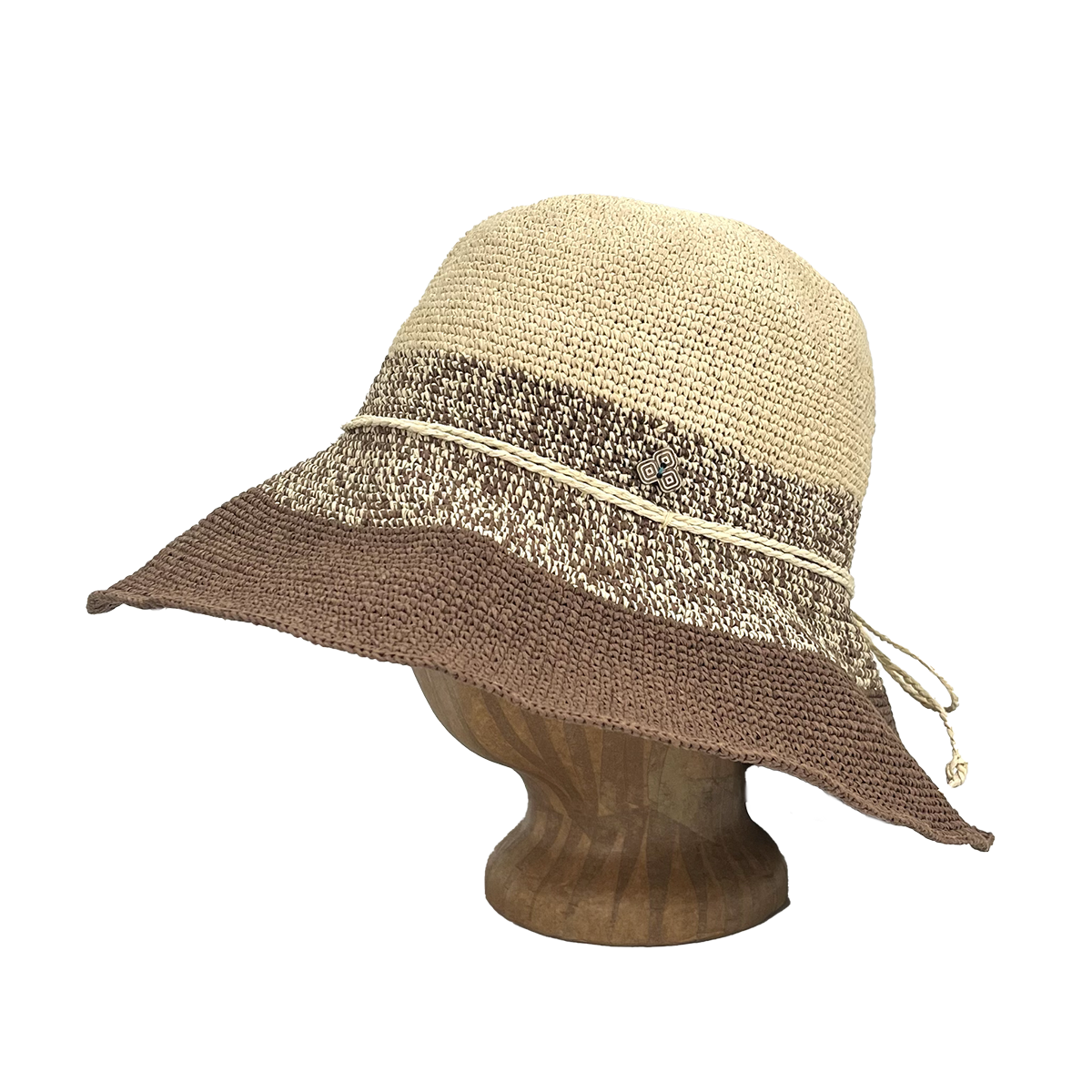 Side view of Choco Marl Weave Frida Toyo Straw Sun Hat, hand-crocheted with wide brim and adjustable sweatband.