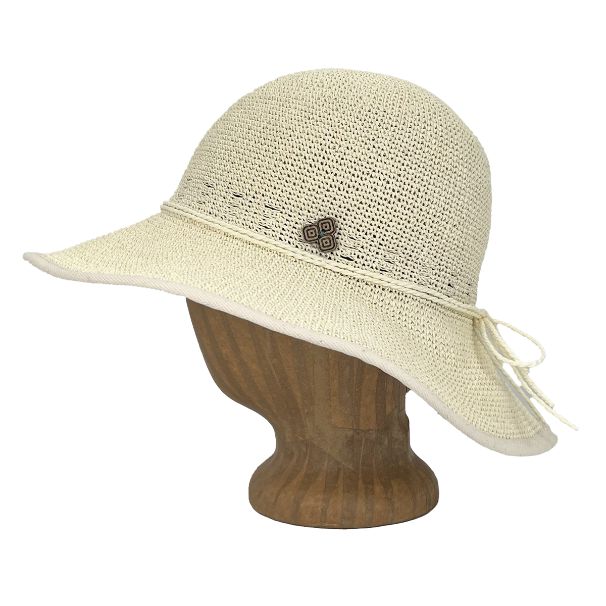 Side view of Creme Weave Frida Toyo Straw Sun Hat, hand-crocheted with wide brim and adjustable sweatband.