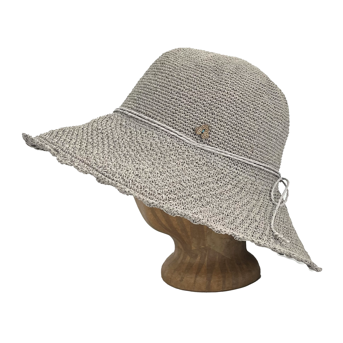 Side view of Graphite Weave Frida Toyo Straw Sun Hat, hand-crocheted with wide brim and adjustable sweatband.