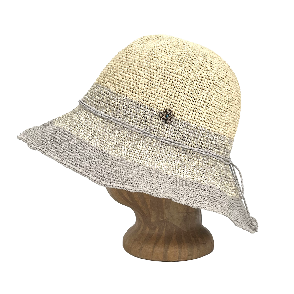 Side view of Grey Marl Weave Frida Toyo Straw Sun Hat, hand-crocheted with wide brim and adjustable sweatband.