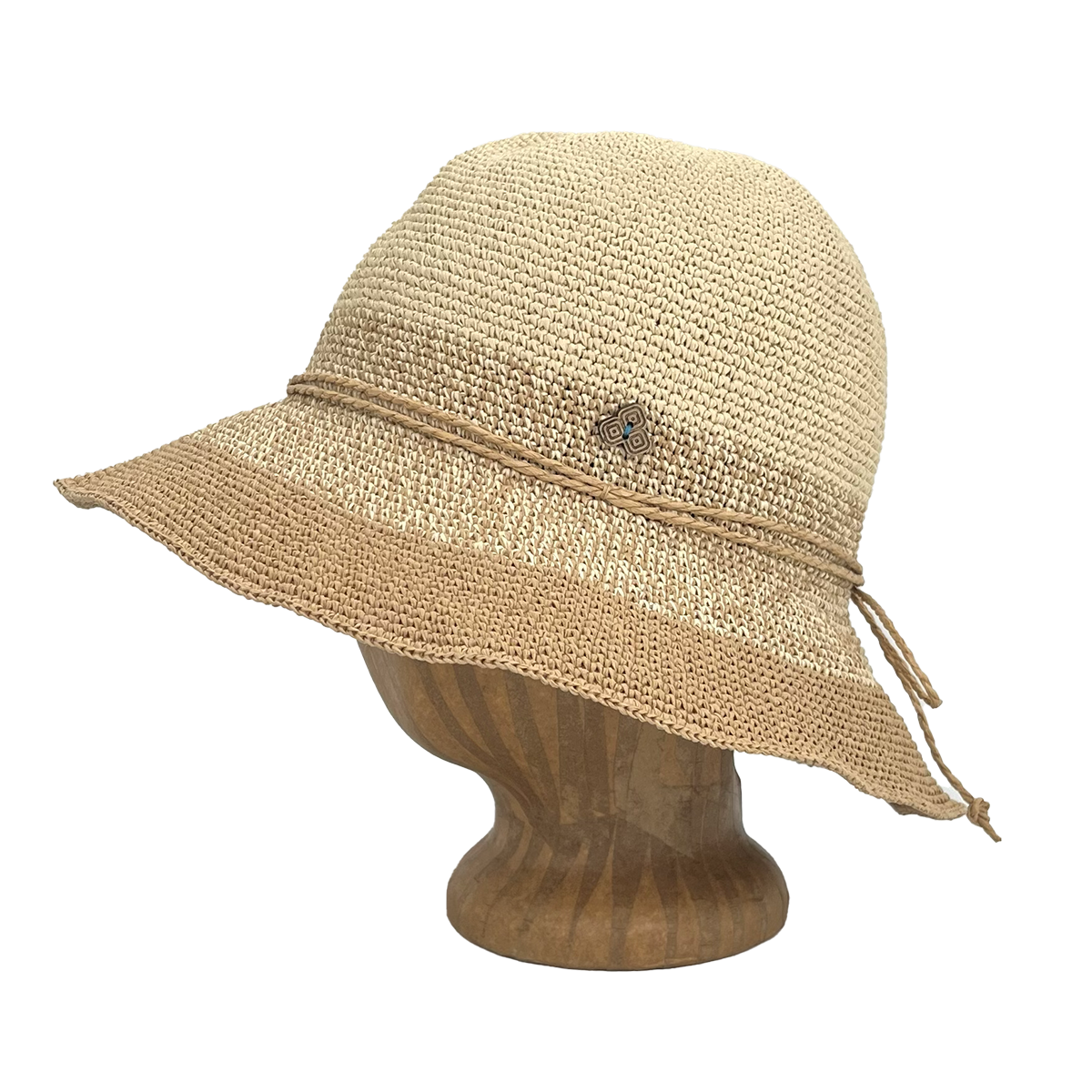 Side view of Tan Marl Weave Frida Toyo Straw Sun Hat, hand-crocheted with wide brim and adjustable sweatband.
