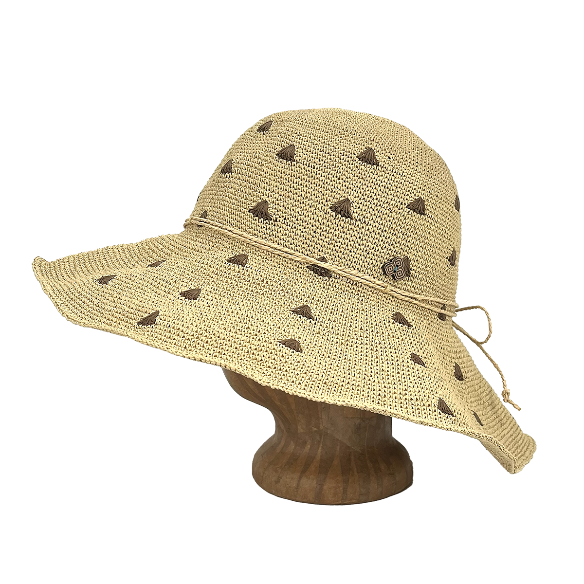 Side view of Triangles Weave Frida Toyo Straw Sun Hat, hand-crocheted with wide brim and adjustable sweatband.