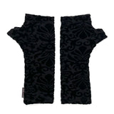 Jovie Wrist Warmers in black burnout color, front view – crushed velvet fingerless gloves