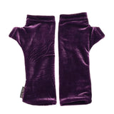 Jovie Wrist Warmers in royal purple color, front view – crushed velvet fingerless gloves