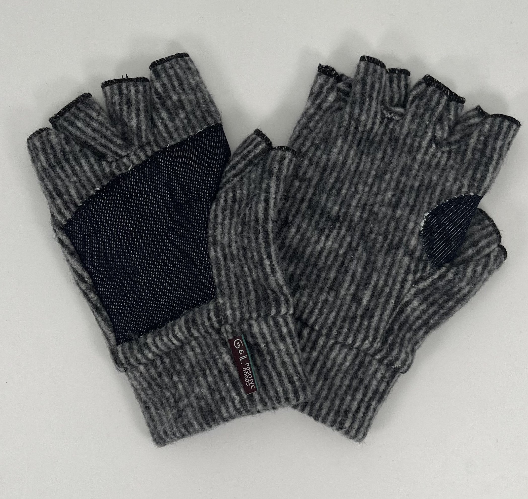 Black Striped Nomad Fingerless Gloves front and back view made from recycled cotton