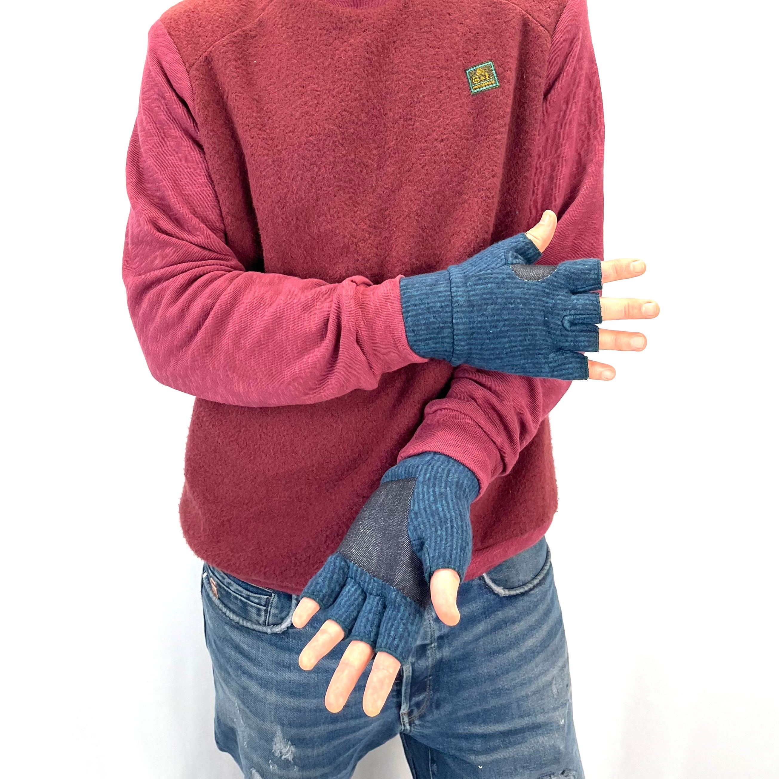 Male model styling Nomad Fingerless Gloves – sustainable fabric