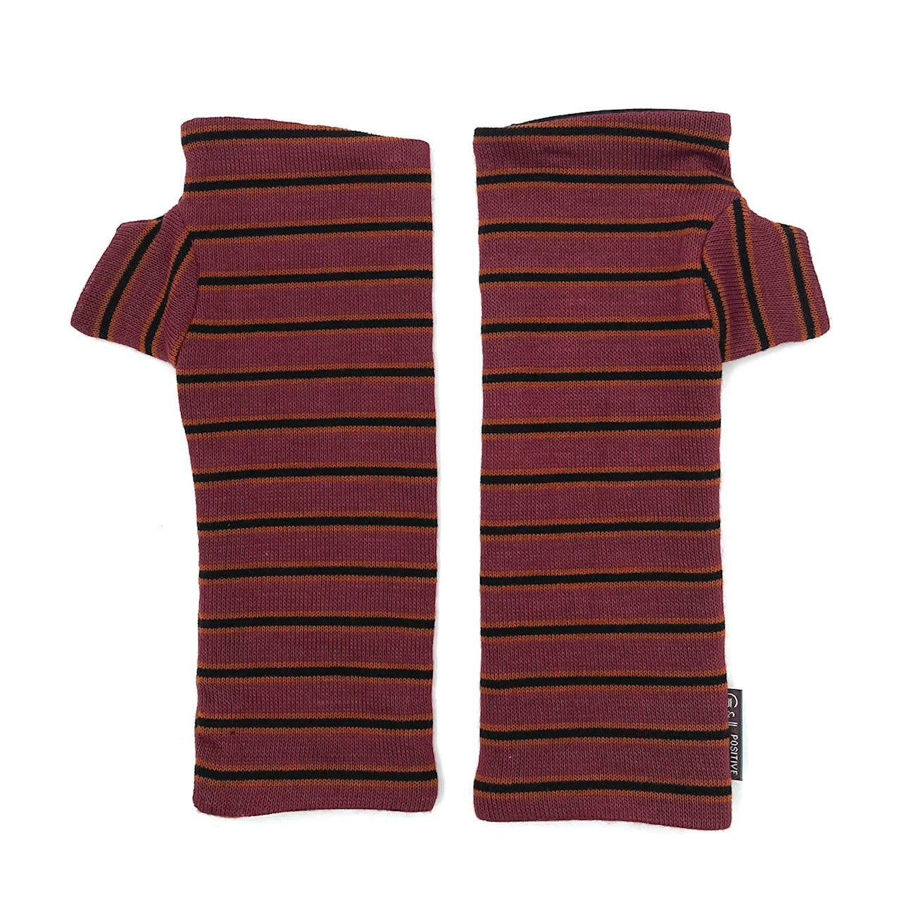 Pacifica Wrist Warmers in pink orange burgundy goji berry, black stripe color way – upcycled fingerless gloves front view