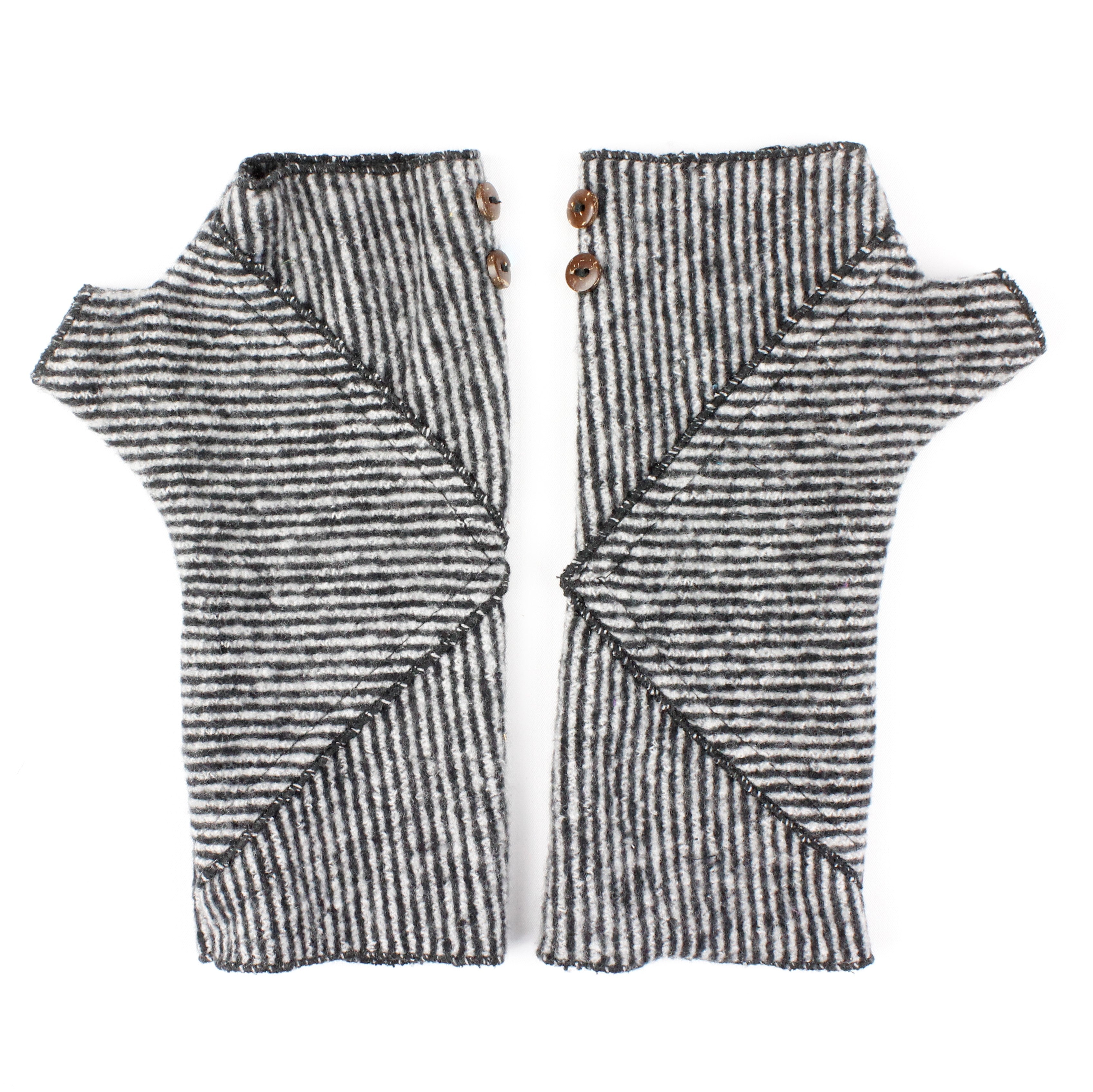 Phoenix Wrist Warmers in black white colors – Striped Fingerless Gloves made from recycled cotton blend – Front View
