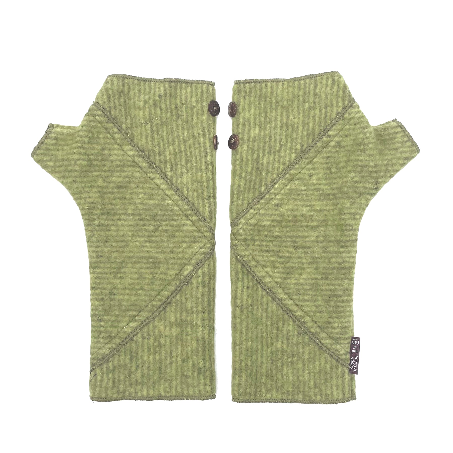 Phoenix Wrist Warmers in kiwi green colors – Striped Fingerless Gloves made from recycled cotton blend – Front View