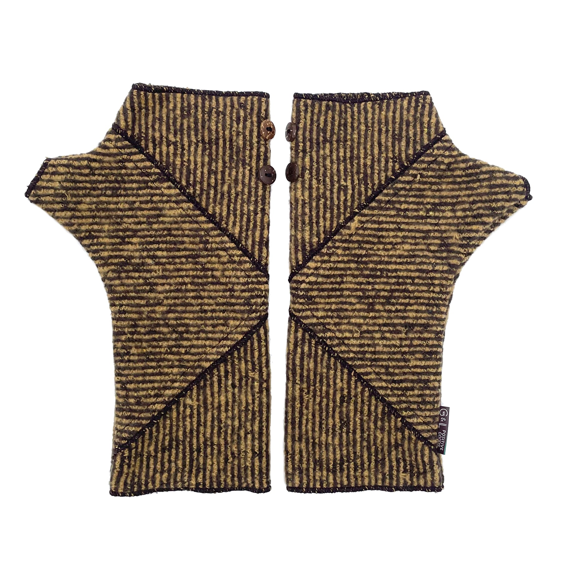 Phoenix Wrist Warmers in black and gold colors – Striped Fingerless Gloves made from recycled cotton blend – Front View
