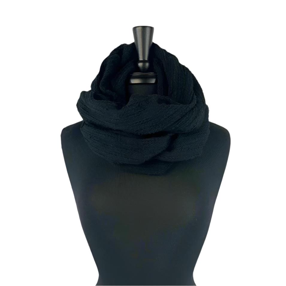 Raina Infinity Loop Scarf, Ebony Color, front view on mannequin– upcycled knit scarf for men and women
