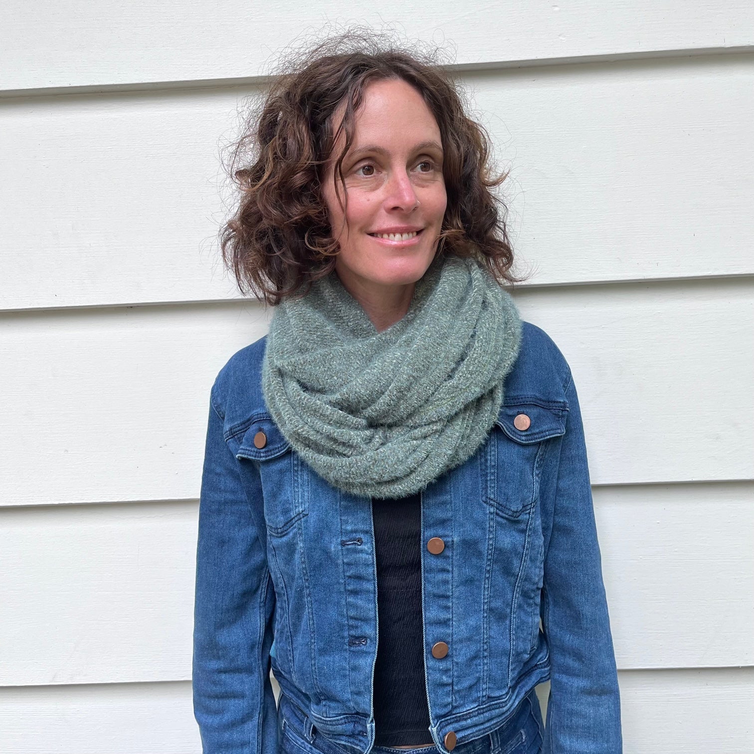 Raina Loop Scarf, Penny Royal, on female model – wide, cozy scarf made in the USA