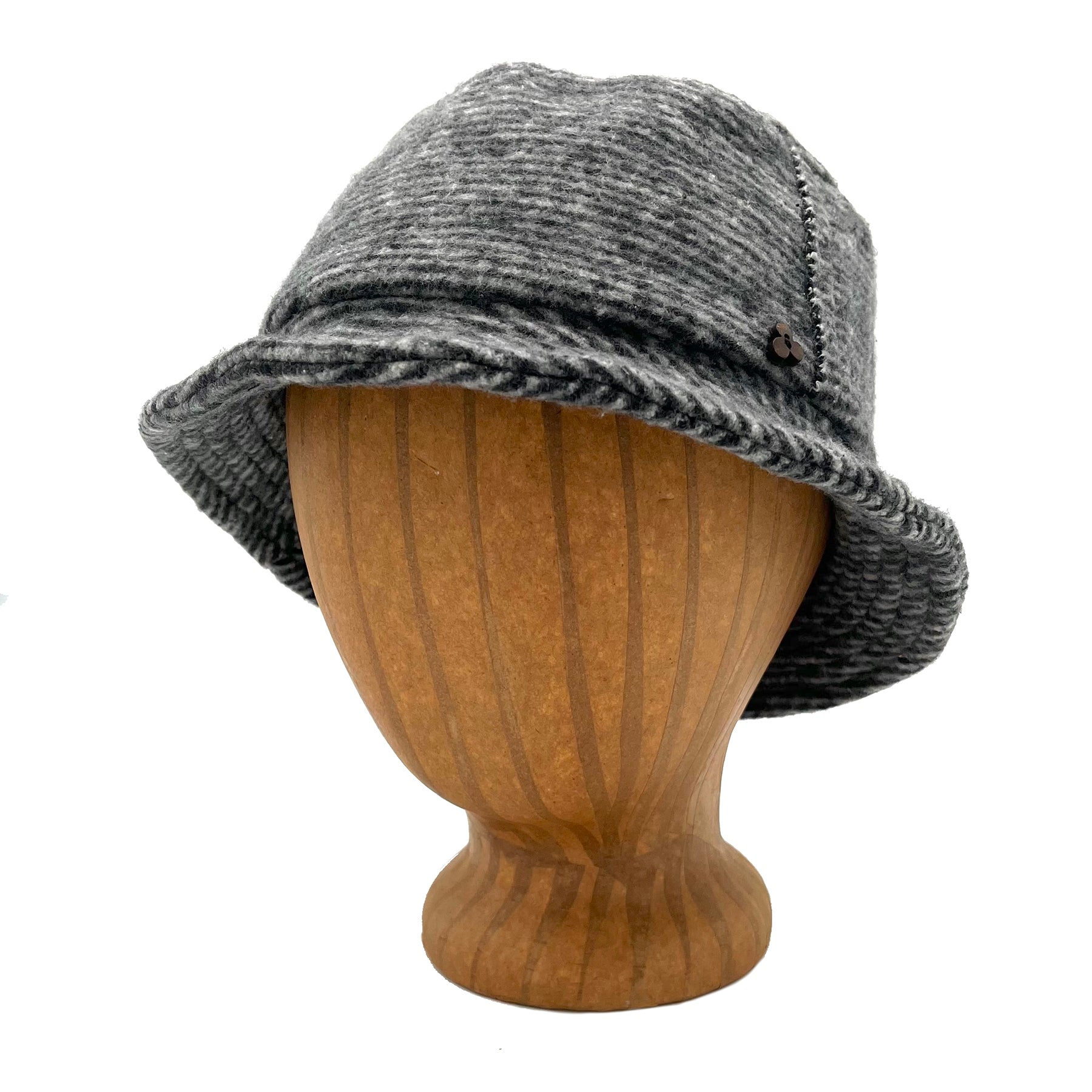 Taylor Bucket Hat in black stripe color front view on wooden head block – eco-friendly recycled cotton soft cap