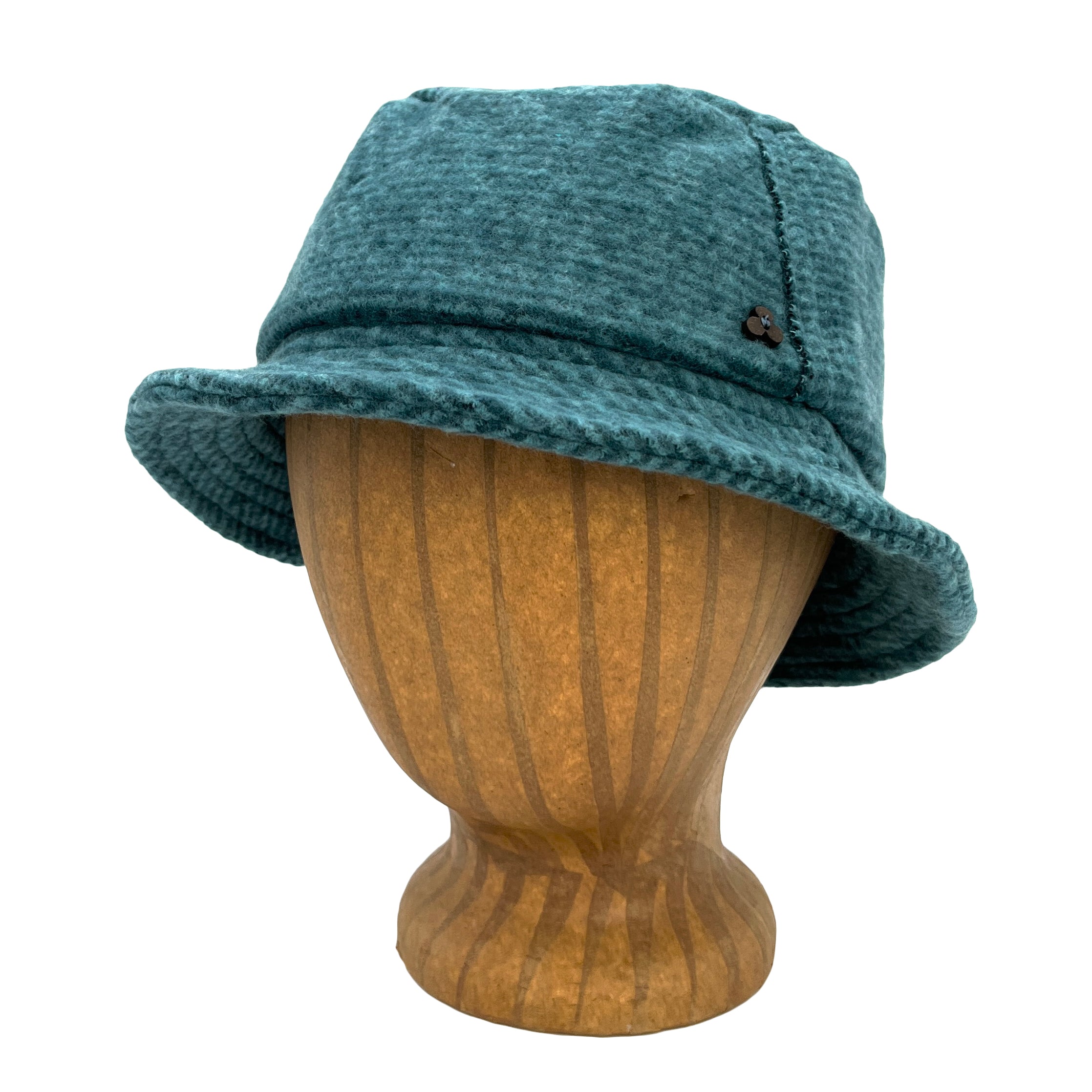 Taylor Bucket Hat in blue sapphire color front view on wooden head block – eco-friendly recycled cotton soft cap