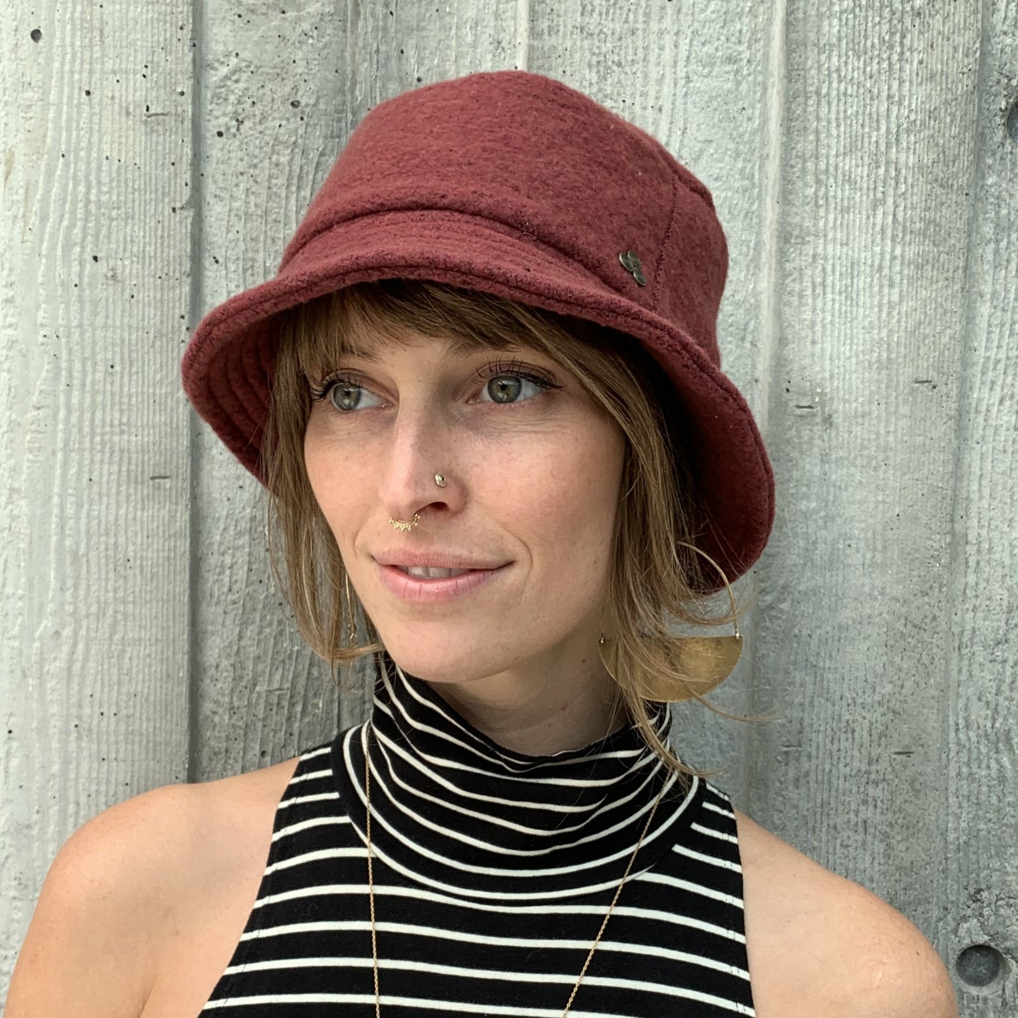 Taylor Bucket Hat in red marsala on female model front view – co-gender eco-friendly soft cap