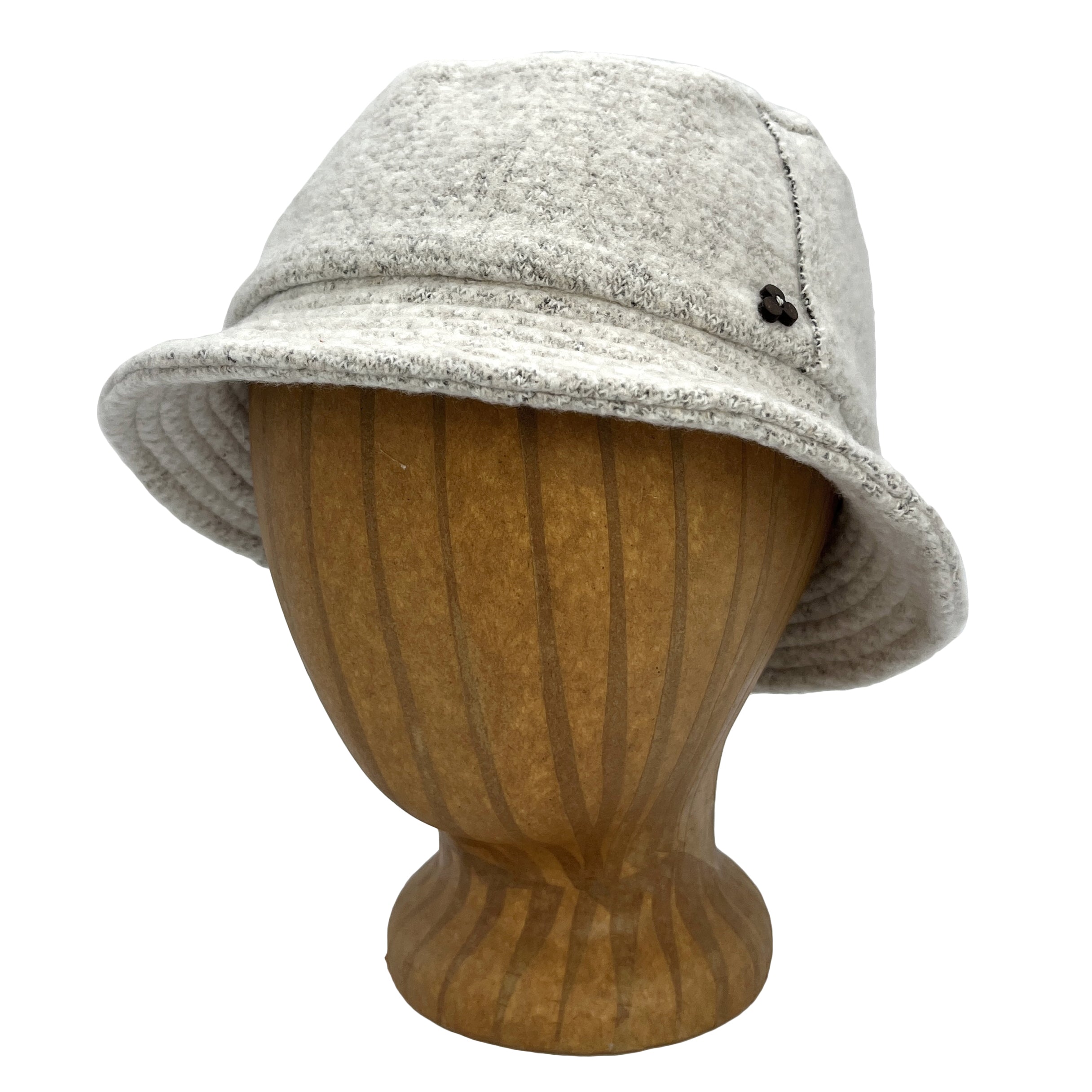 Taylor Bucket Hat in white linen color front view on wooden head block – eco-friendly recycled cotton soft cap