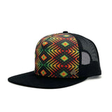 Side profile of the Visions Vibe Trucker Hat, featuring eco-friendly materials, mesh back, and structured fit.